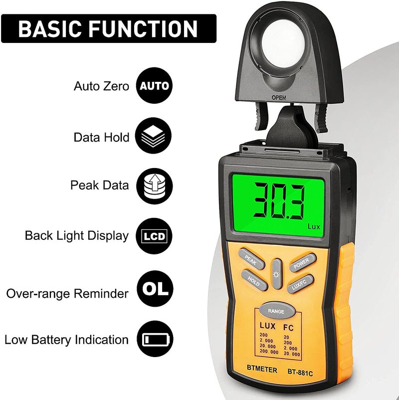 BTMETER Digital Illuminance Light Meter BT-881C,Lumen/FC Photometer,Luxmeter Sensor Measure 0.1~200000 Lux (0.01~20000FC) Lights,Bright Tester for Photography, Plant, Foot Candle - Image 2
